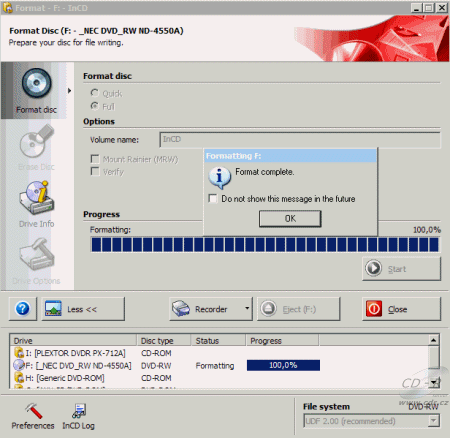 NEC ND-4550A - formátování DVD-RW UDF 2.00 v InCD 5.0.0.2