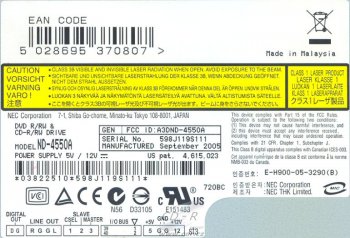 NEC ND-4550A - výrobní štítek