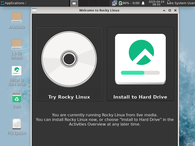 Úvodní obrazovka instalátoru Rocky Linux