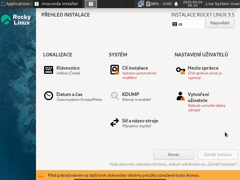 Hlavní nabídka instalátoru