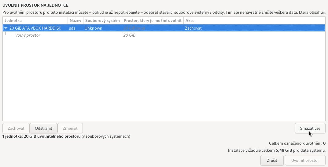 Dialog pro smazání dosavadních diskových oddílů